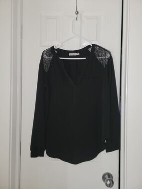 Lush Black Long-Sleeve V-Neck Blouse with Beaded Shoulders Size M